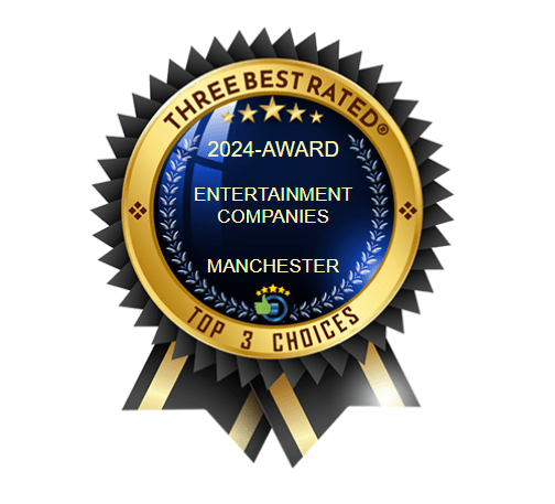 Picture of an award rosette saying three ebst rated  entertainemtn companies