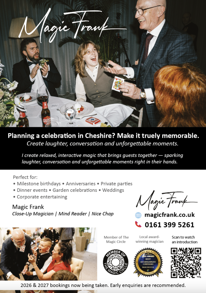 poster depicting manchester close up and wedding magician magic frank at variouys events. shows guests reactions of surprise and laughter.