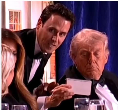 magician between Donald and Melania Trump showing them a mind reading trick