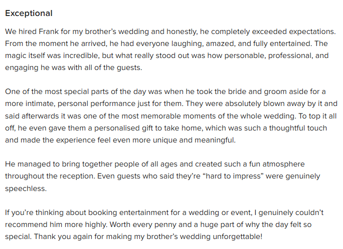 review of Manchester Wedding Magician Magic Frank