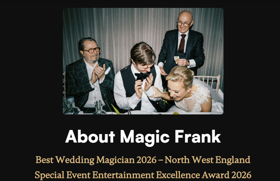 Best Wedding Magician 2026 winner Magic Frank entertaining wedding guests. gary Oldman, the actor, looking on.